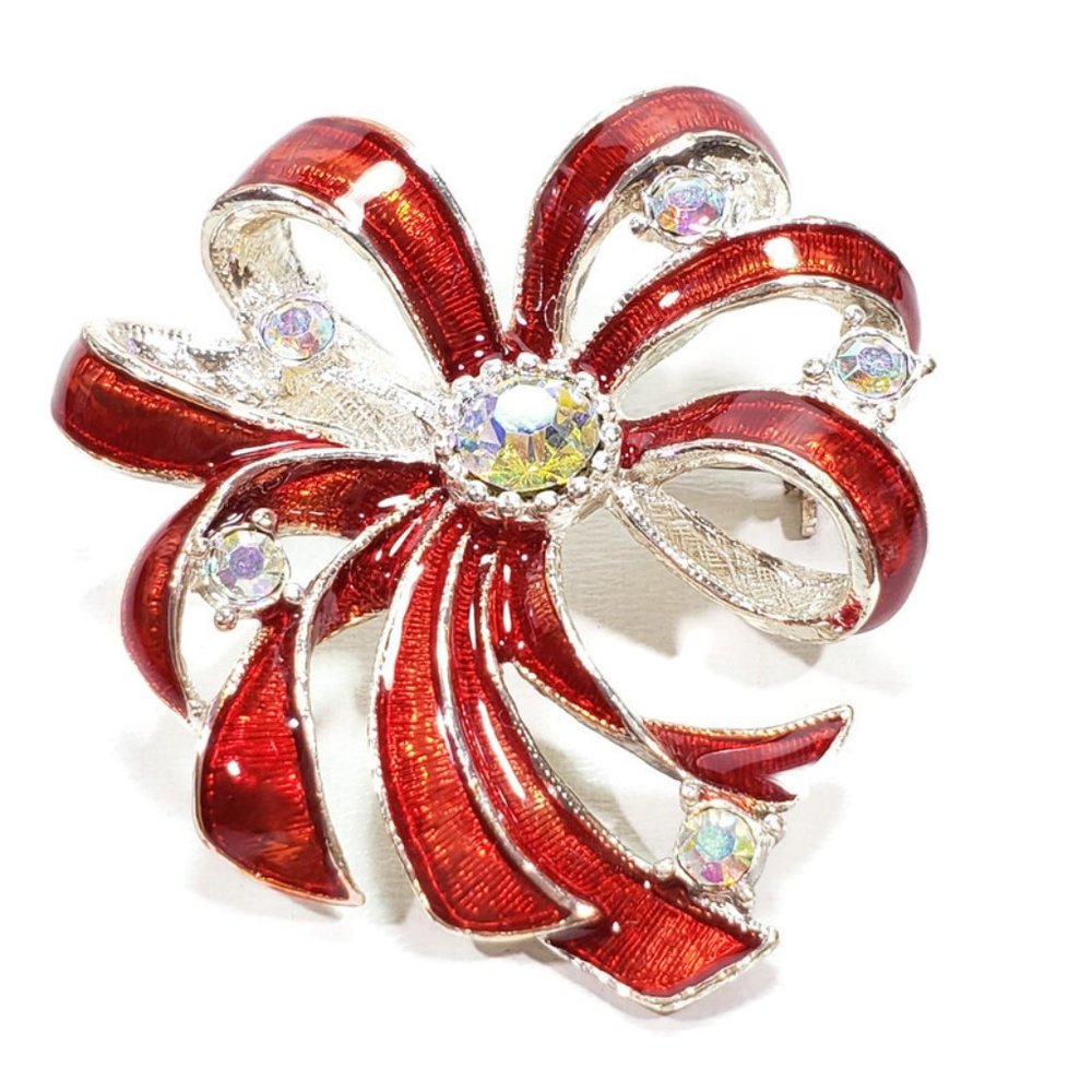 Vtg Red Ribbon Brooch Aurora Borealis Rhinestones